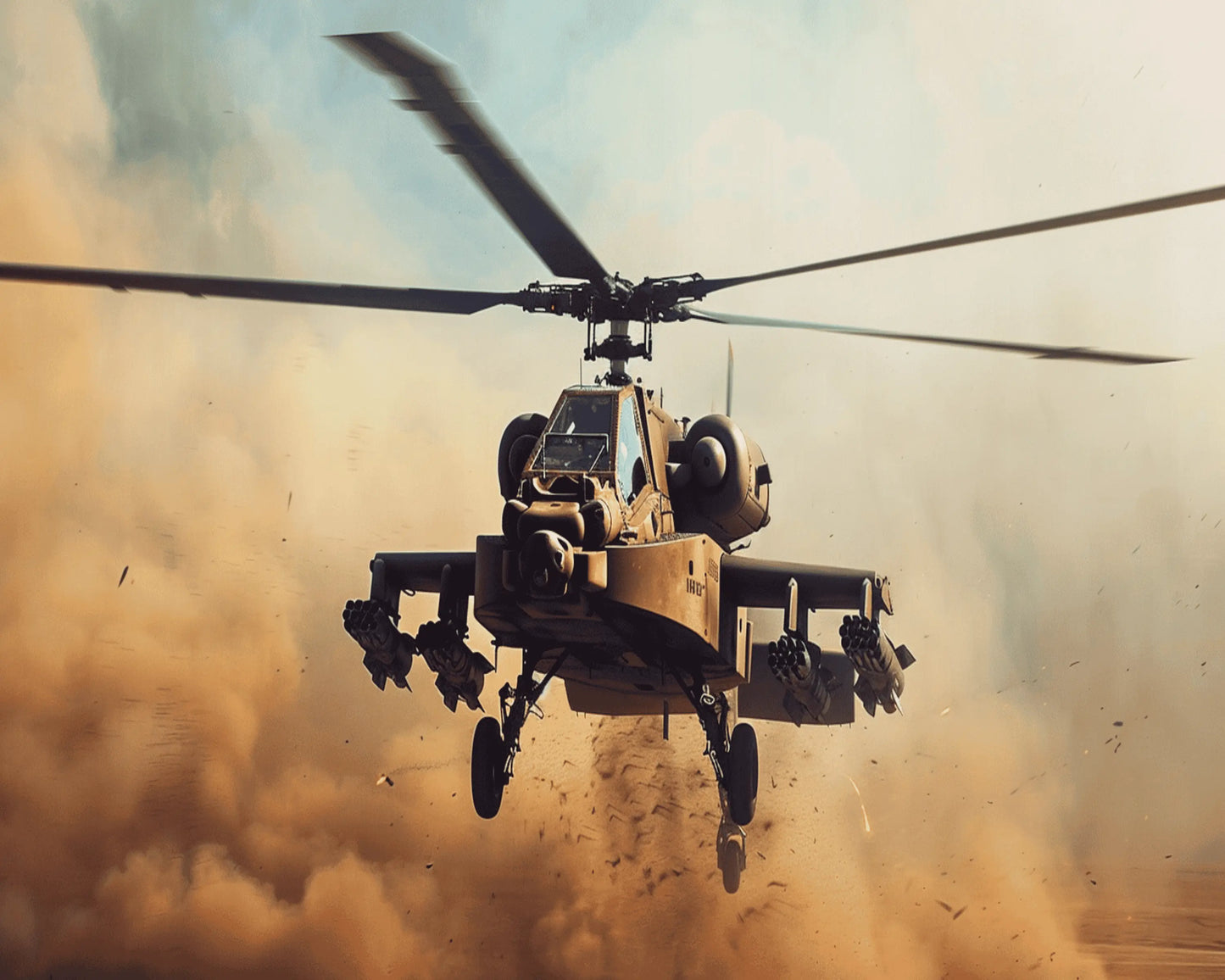 Digital wall art of an AH-64 Apache helicopter in photorealistic style, available as instant PNG download at 300 DPI.