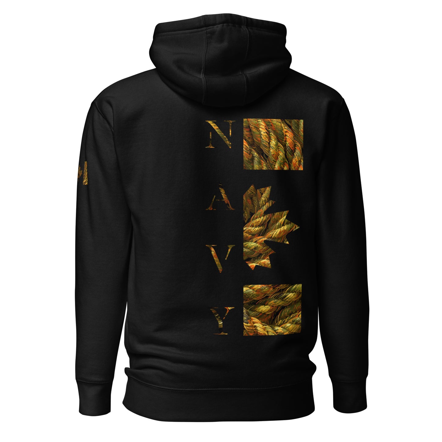 Black NAVY Hoodie with tangled golden rope camouflage back print and Canadian flag sleeve — patriotic Canadian tactical hoodie by Tactical Motive.