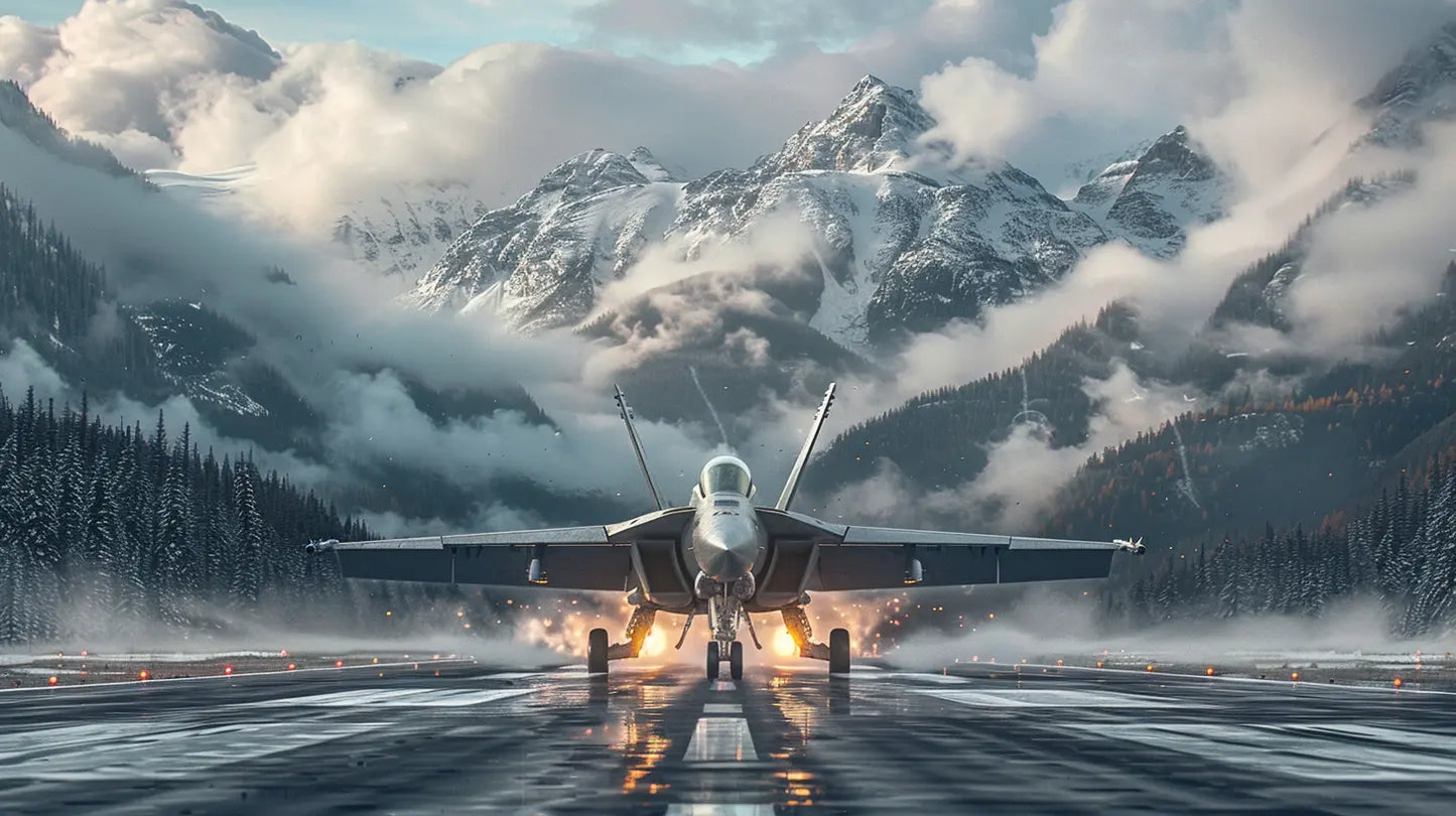 Digital wall art of a Royal Canadian Air Force CF-18 Hornet fighter jet, patriotic aviation artwork, available as PNG instant download.