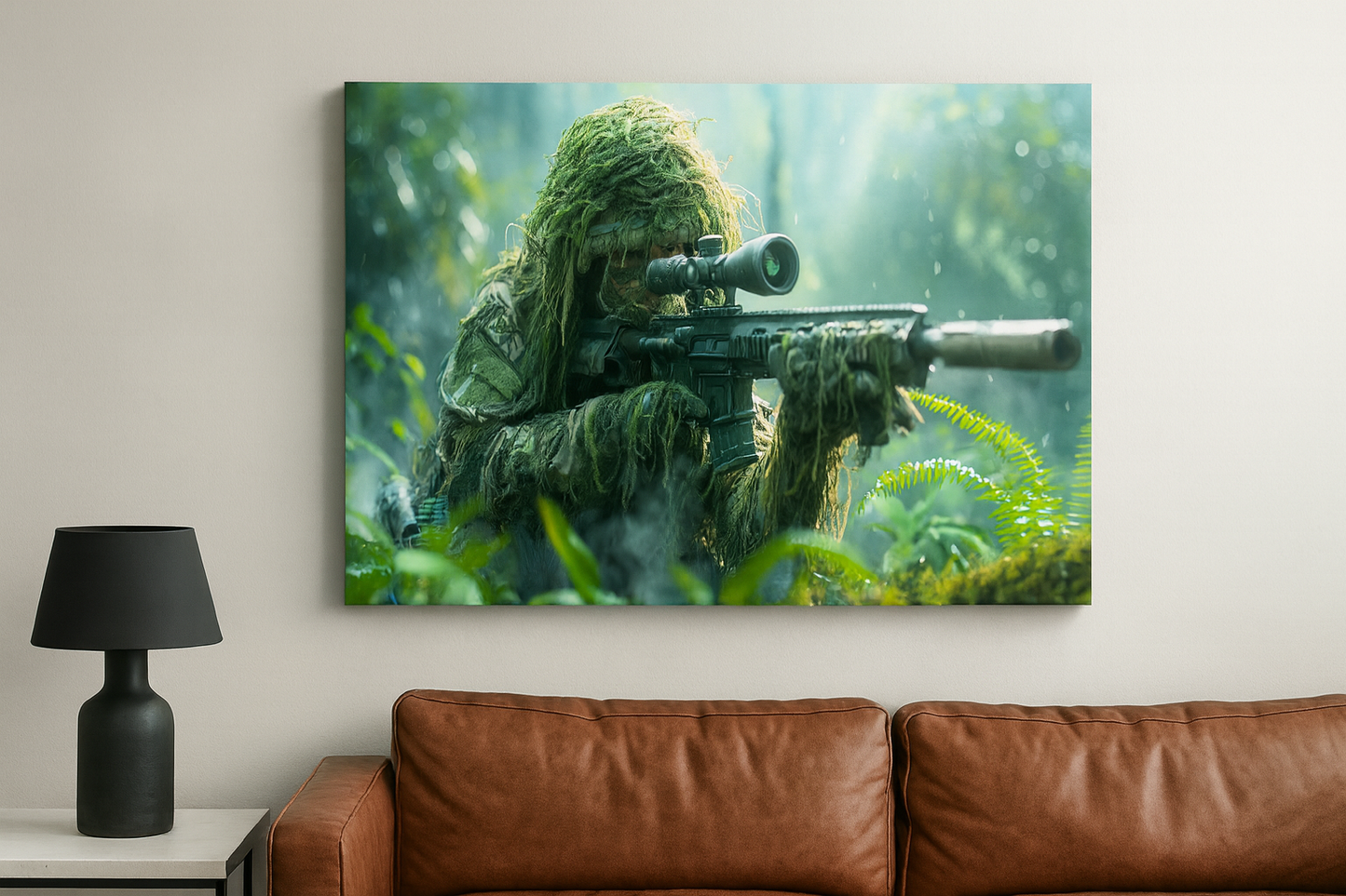 High‑resolution digital canvas art of a Canadian infantry soldier in a ghillie suit with tactical gear.