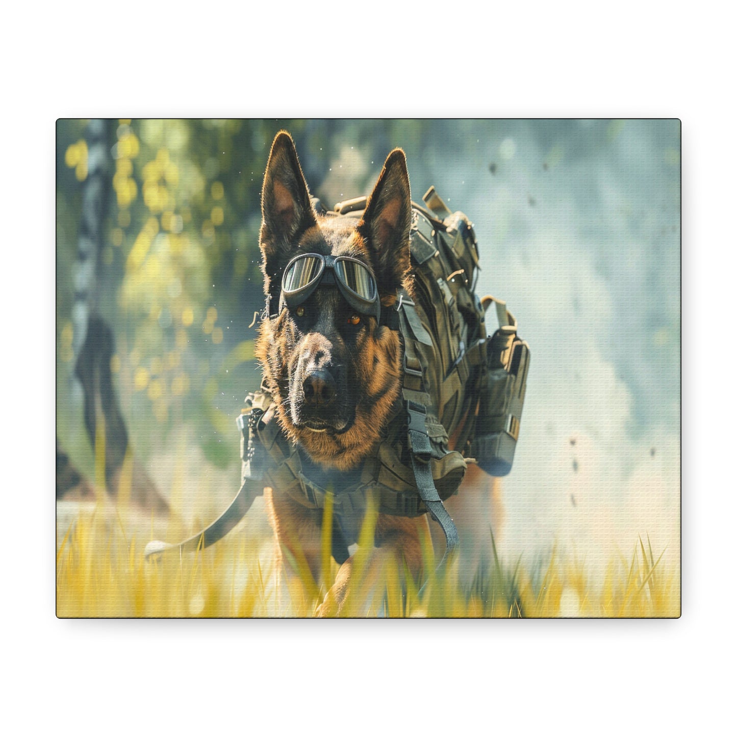 Digital canvas art of a military working dog in full tactical gear honoring K9 units