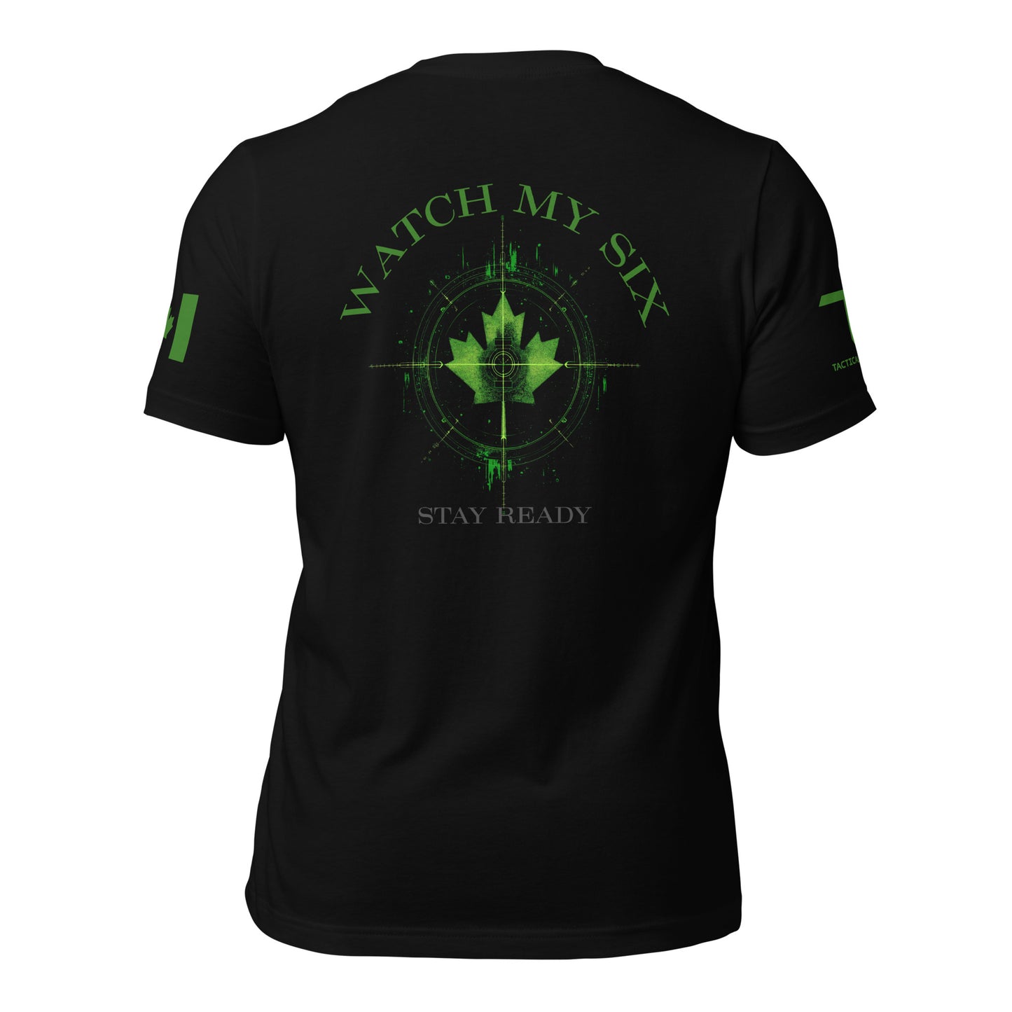Back detail of Watch My Six T-shirt showing night-vision rifle scope graphic