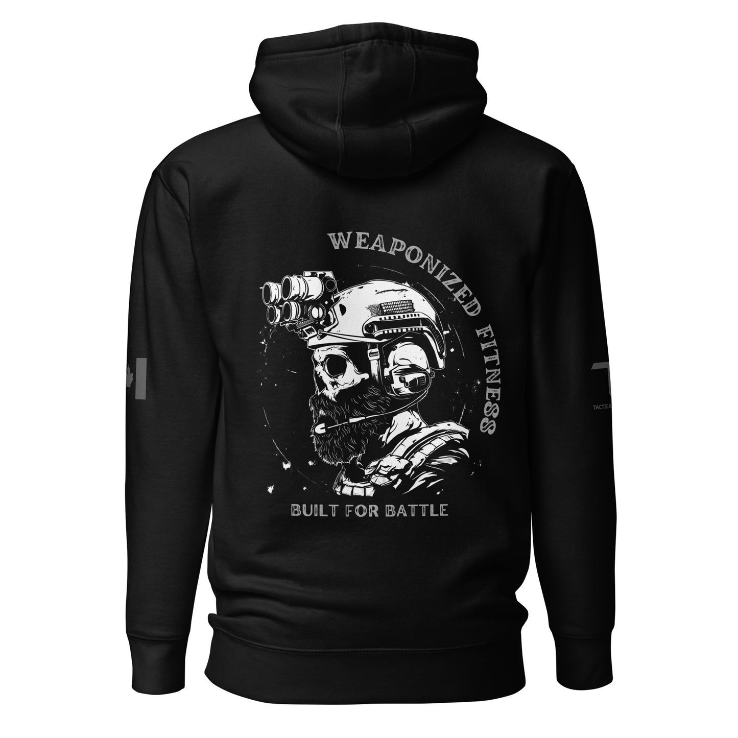 Weaponized Fitness – Built for Battle black hoodie with skull and combat helmet design, bold slogan, Canadian flag sleeve, Tactical Motive design