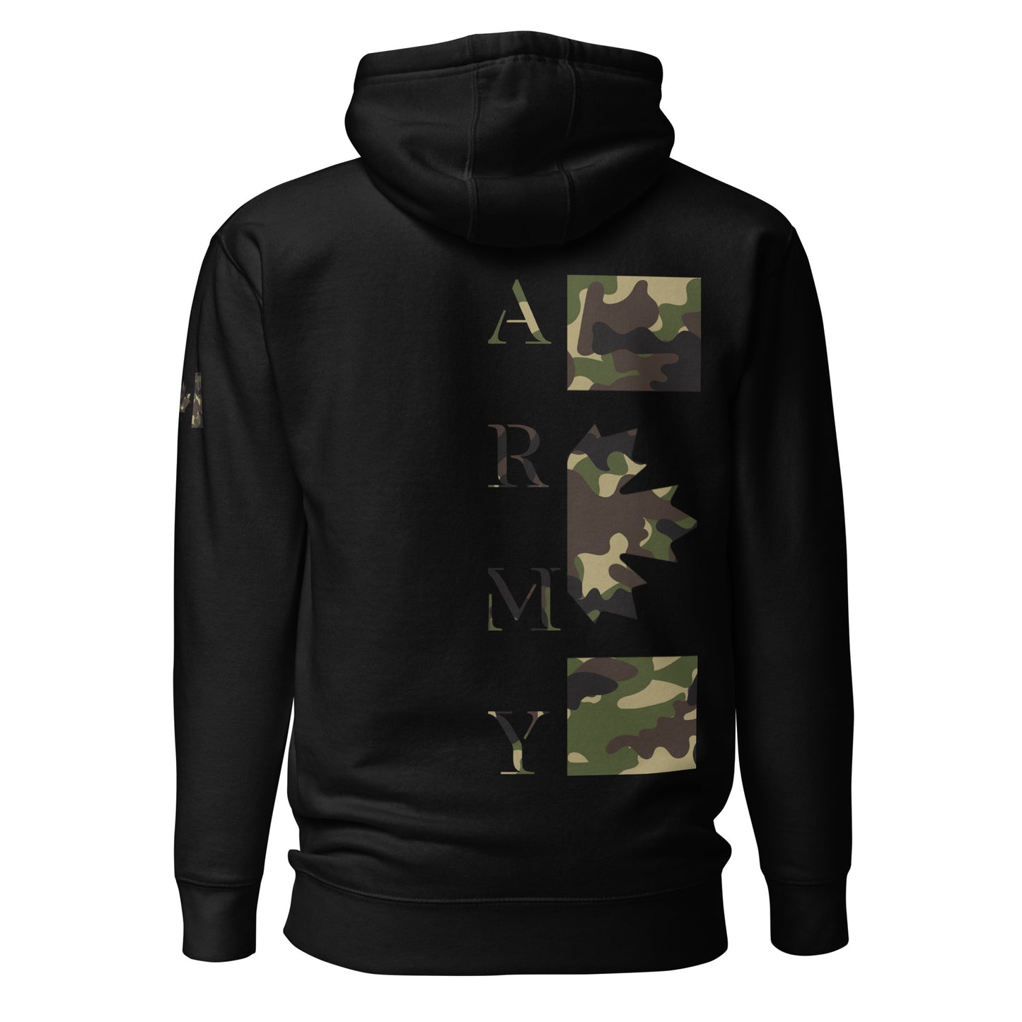 Black ARMY Hoodie with camouflage back print and Canadian flag sleeve — patriotic Canadian tactical hoodie by Tactical Motive.