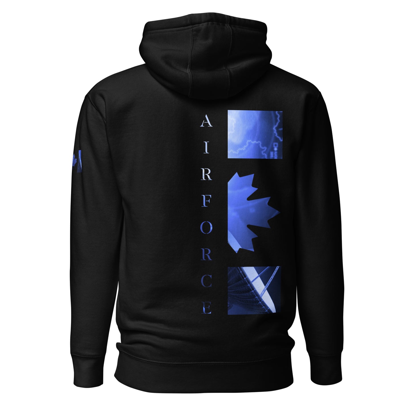Black AIR FORCE Hoodie with light blue radar overlay, aircraft silhouette, and Canadian flag sleeve — patriotic Canadian tactical hoodie by Tactical Motive.