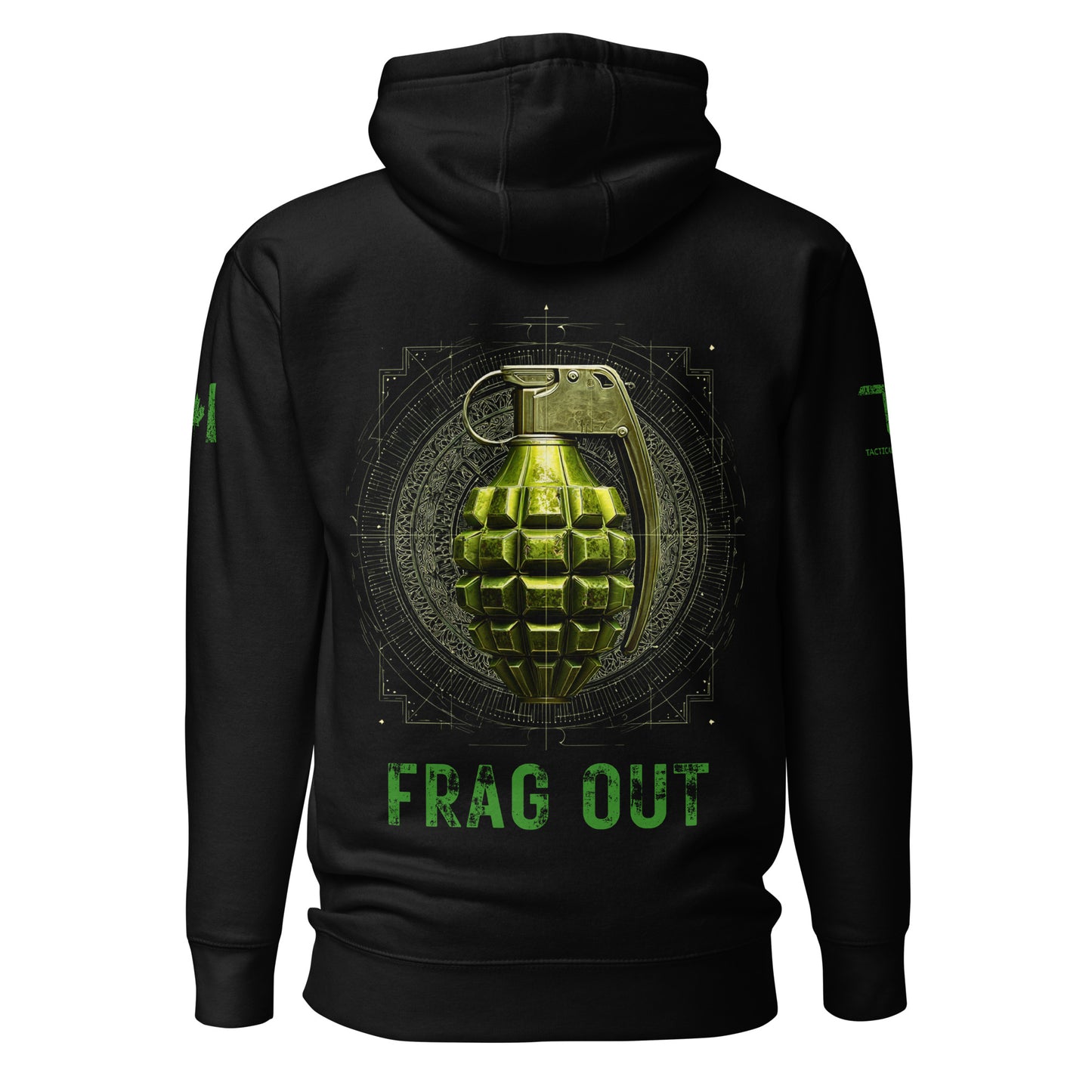 The FRAG OUT Hoodie by Tactical Motive showcases a vibrant green grenade with blueprint accents, flag on one sleeve, and Tactical Motive logo on the other — a bold emblem of readiness and strength.