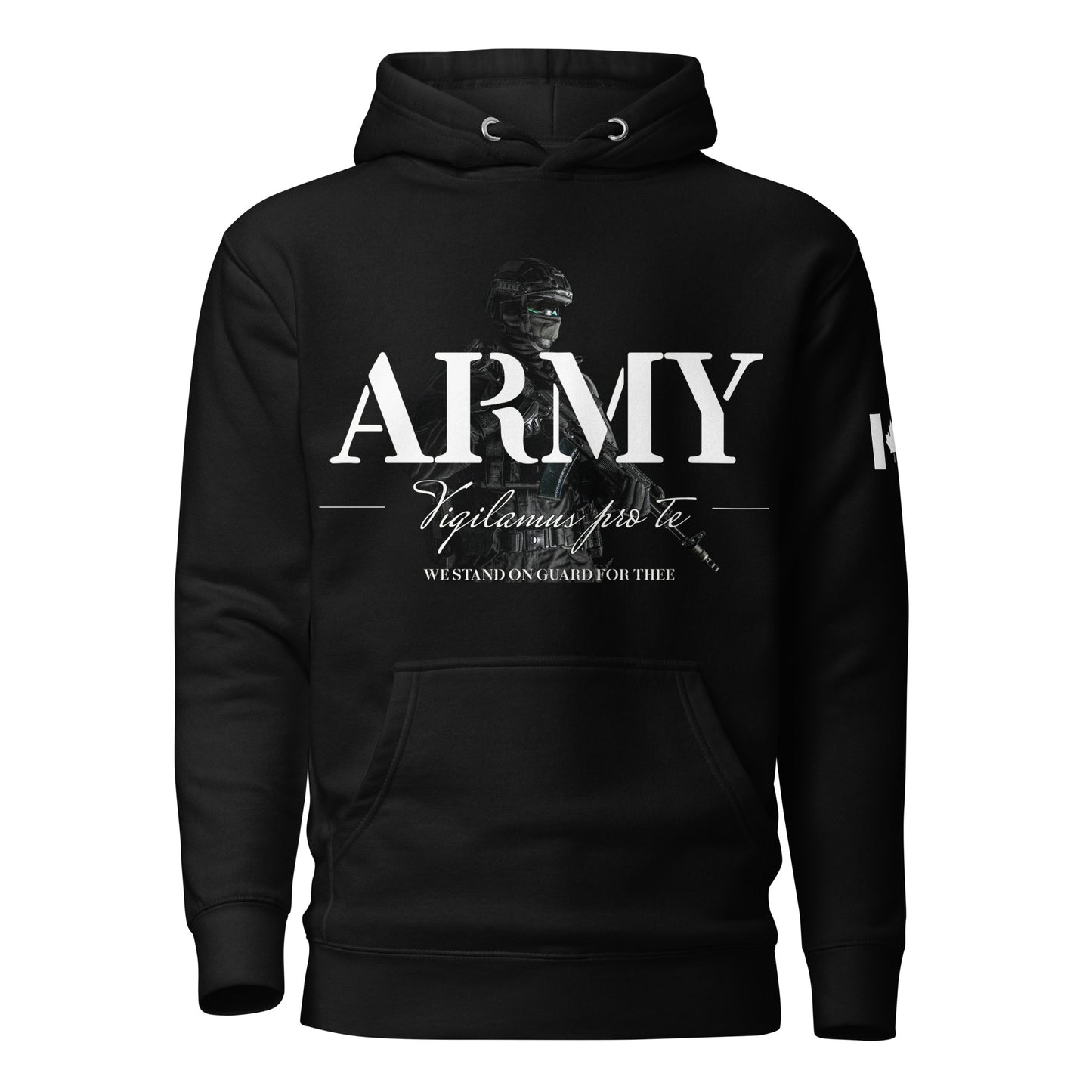Black ARMY hoodie with Latin motto Vigilamus Pro Te (“We Stand on Guard for Thee”) and soldier backdrop — Canadian patriotic tactical hoodie by Tactical Motive.