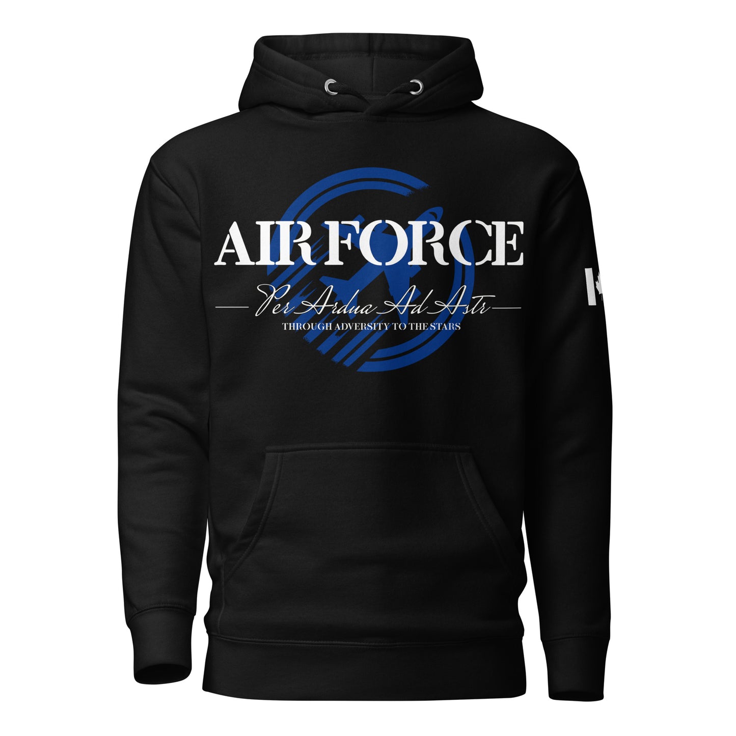 Black AIR FORCE hoodie with aircraft backdrop, Latin motto Per Ardua Ad Astra (“Through Adversity to the Stars”), and Canadian flag sleeve print — patriotic tactical hoodie by Tactical Motive.