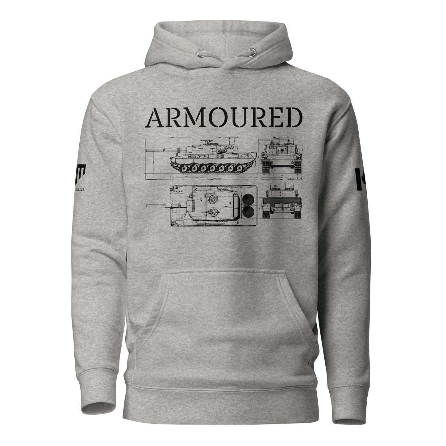 ARMOURED Hoodie featuring Leopard 2 tank blueprint design and bold text — Canadian tactical hoodie by Tactical Motive.