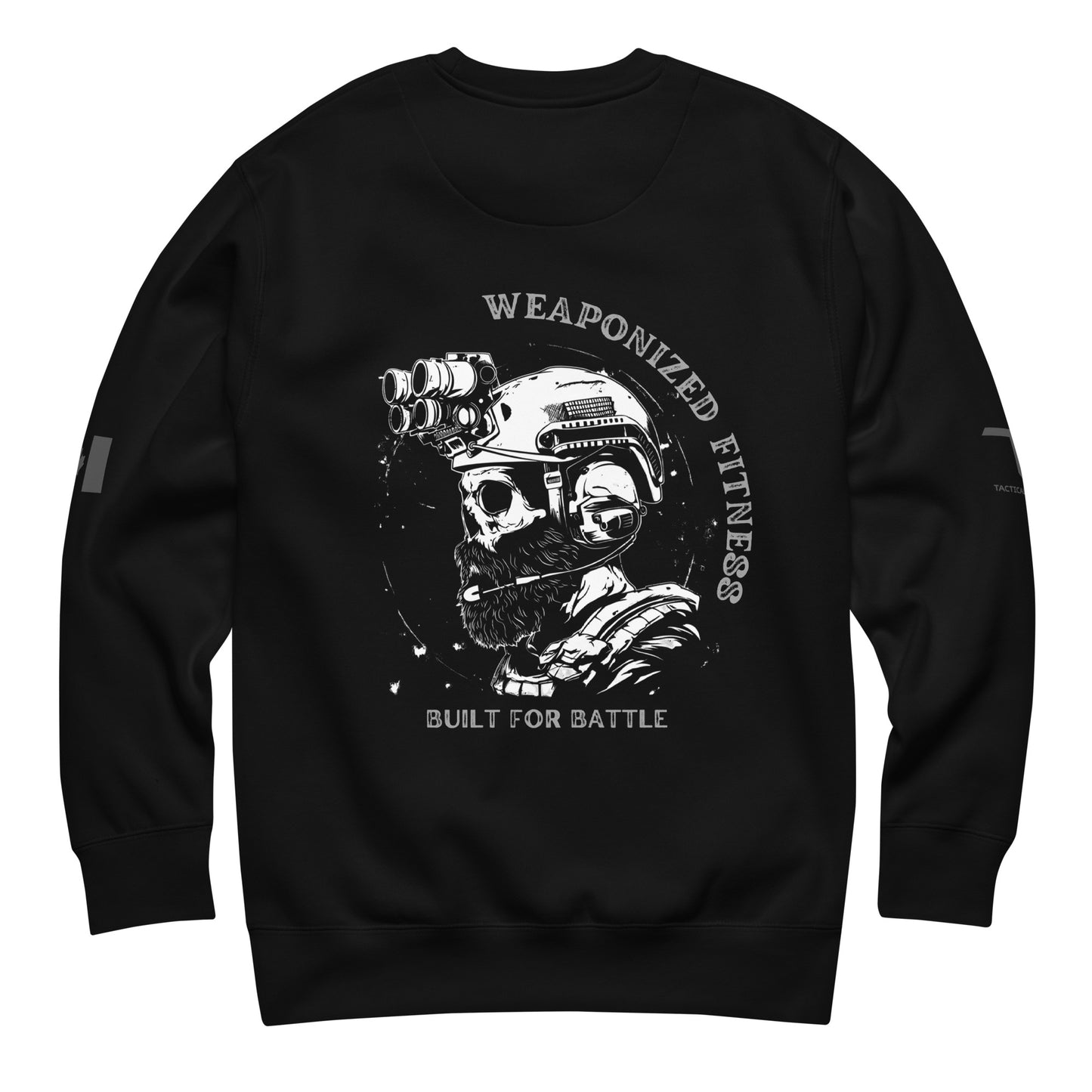 Weaponized Fitness – Built for Battle black sweatshirt with skull and combat helmet graphic, bold slogan, Canadian flag sleeve, Tactical Motive design