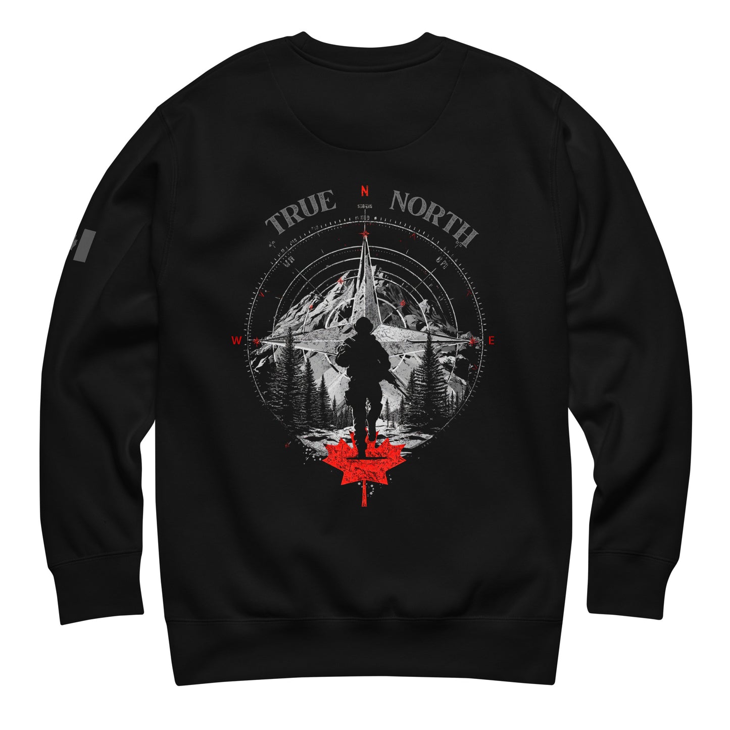 True North black sweatshirt with soldier silhouette, mountain and compass design, and maple leaf — Canadian patriotic apparel by Tactical Motive.