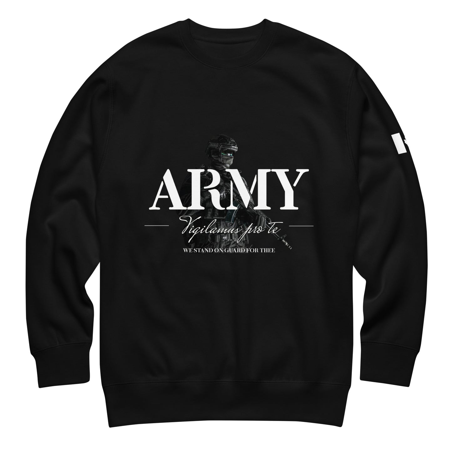 Black ARMY sweatshirt with Latin motto Vigilamus Pro Te (“We Stand on Guard for Thee”) and soldier backdrop — Canadian tactical crewneck by Tactical Motive.