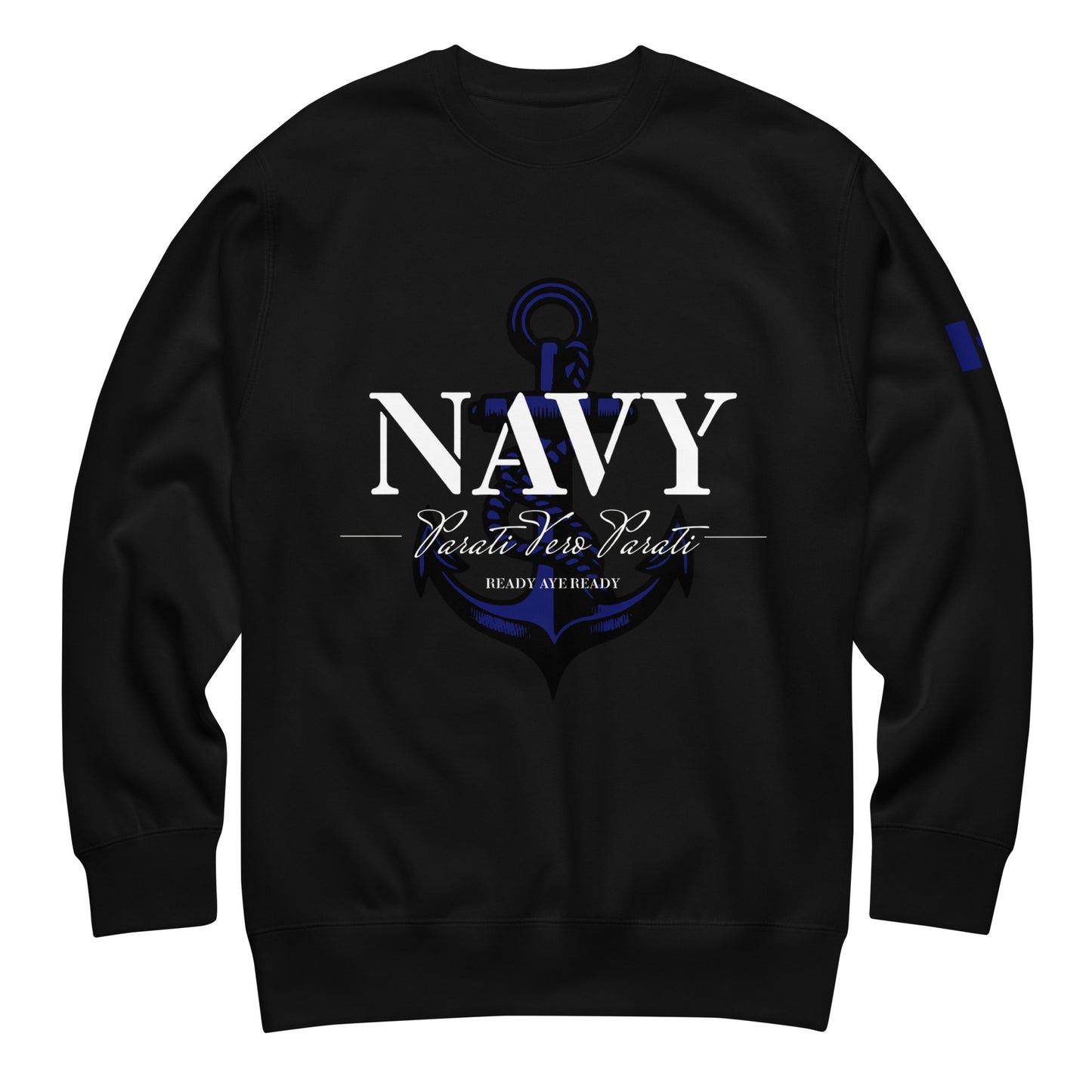Black NAVY sweatshirt with anchor backdrop, Latin motto Parati Vero Parati (“Ready Aye Ready”), and Canadian flag sleeve print — tactical crewneck by Tactical Motive.