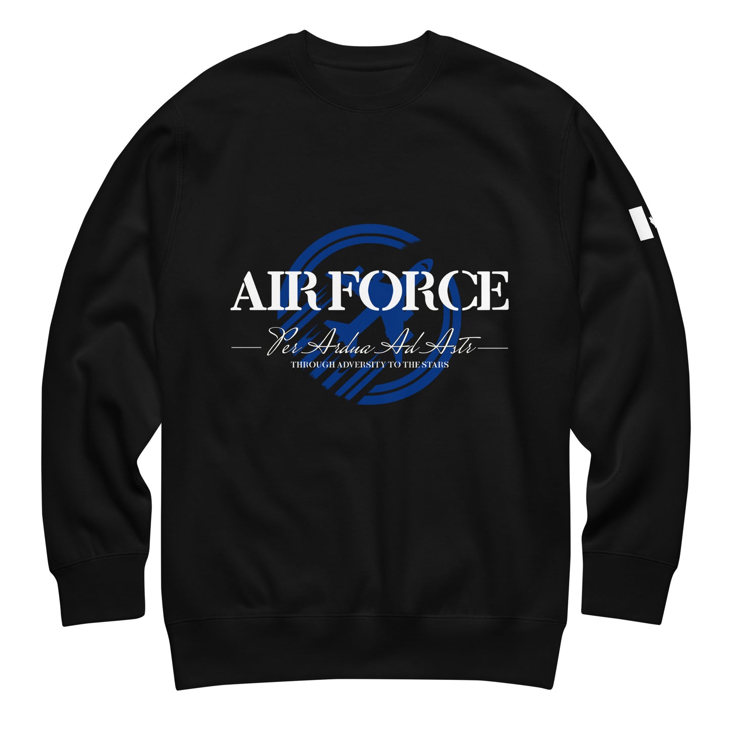 Black AIR FORCE sweatshirt with aircraft backdrop, Latin motto Per Ardua Ad Astra (“Through Adversity to the Stars”), and Canadian flag sleeve print — tactical crewneck by Tactical Motive.