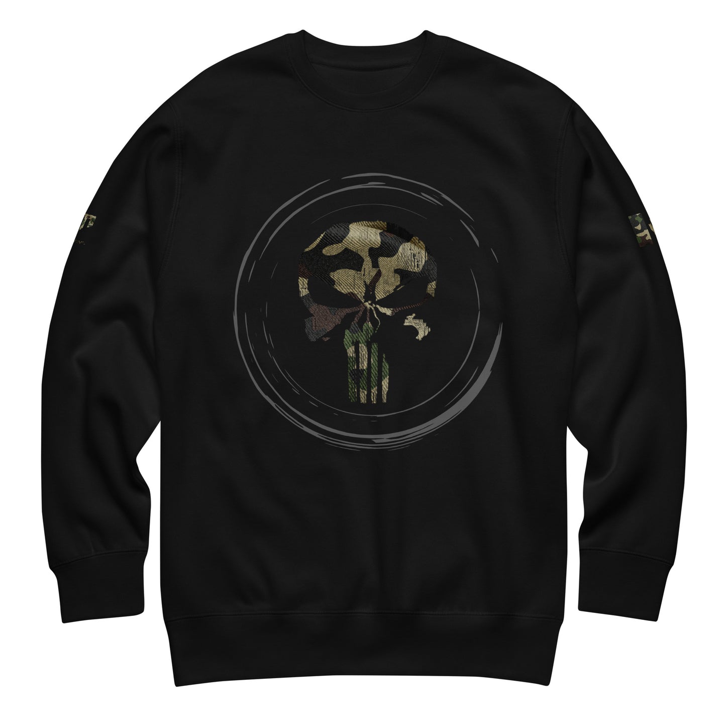 Tactical Skull Sweatshirt featuring Punisher-style skull with army camo overlay, camo Canadian flag and logo sleeves — Canadian tactical crewneck by Tactical Motive.
