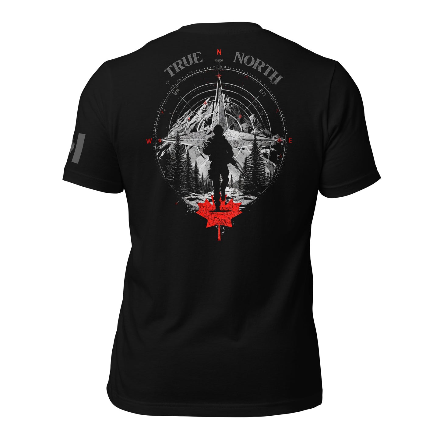 True North T-shirt with soldier silhouette, mountain and tree backdrop, compass design, and maple leaf — Canadian patriotic apparel by Tactical Motive.