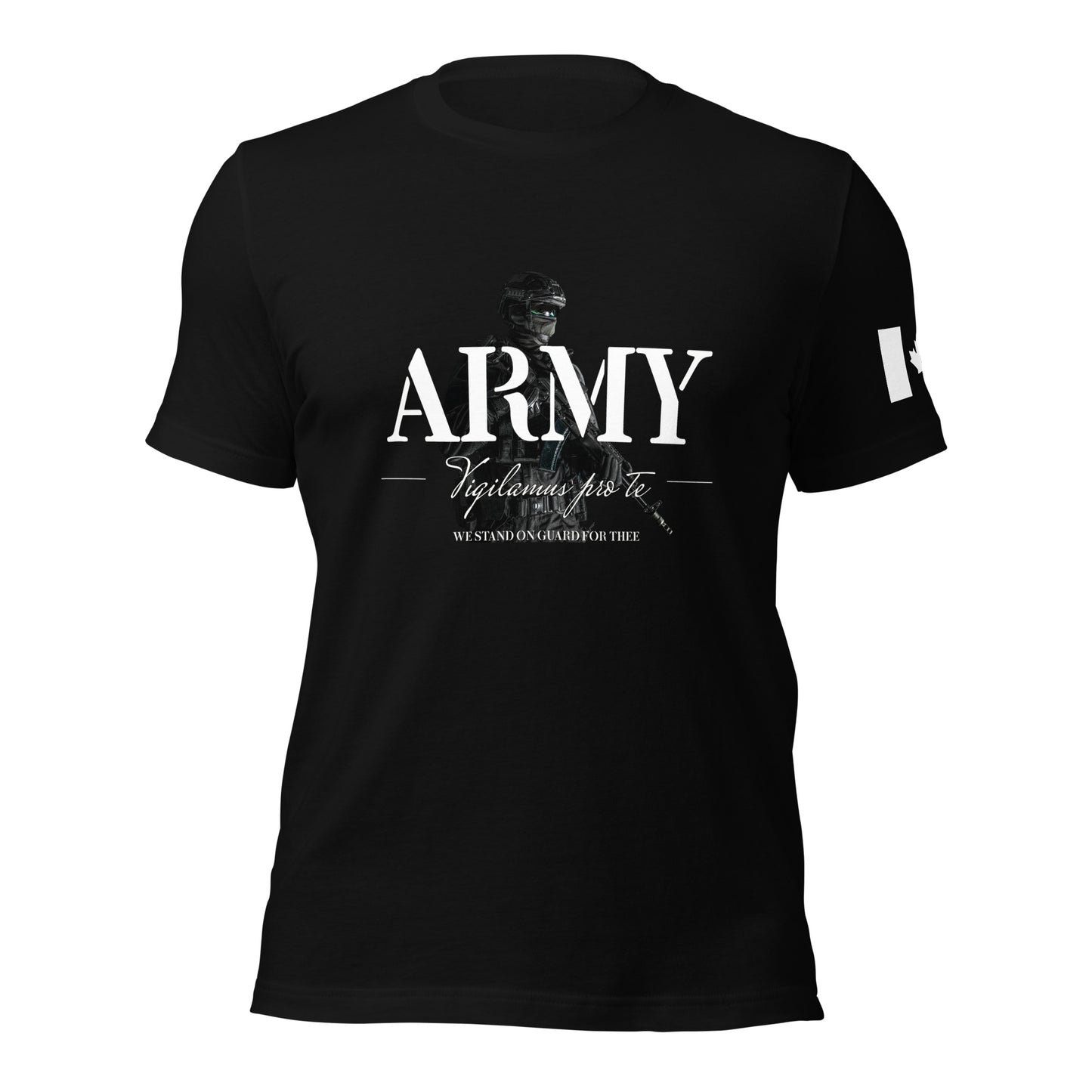 ARMY T-Shirt with bold lettering, Latin motto Vigilamus Pro Te (“We Stand on Guard for Thee”), and soldier backdrop — Canadian tactical apparel by Tactical Motive.