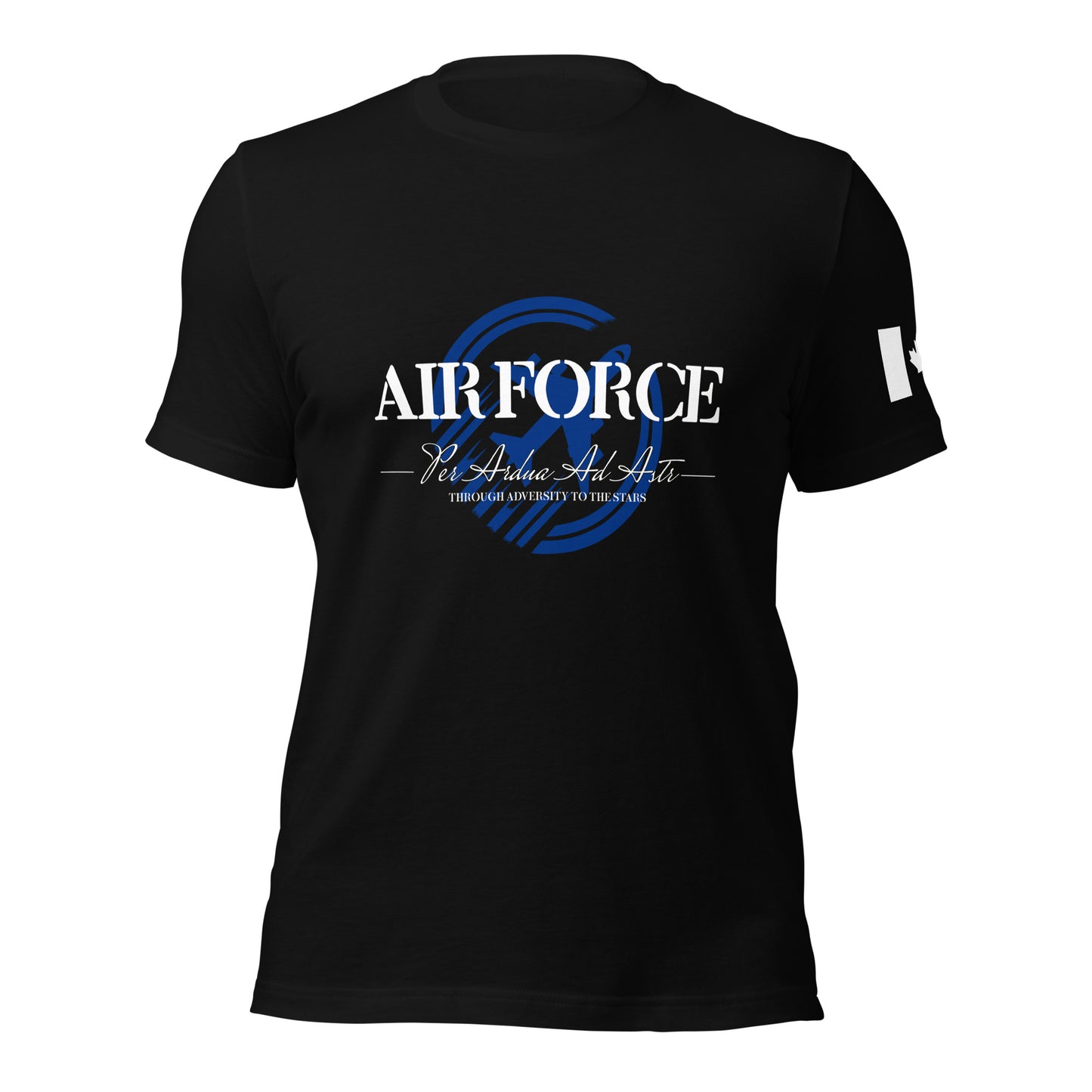 AIR FORCE T-Shirt with aircraft backdrop, Latin motto Per Ardua Ad Astra (“Through Adversity to the Stars”), and Canadian flag sleeve print — patriotic apparel by Tactical Motive.