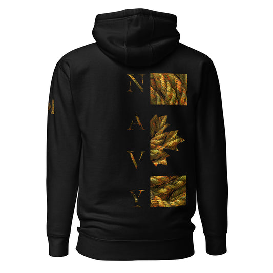 Black NAVY Hoodie with tangled golden rope camouflage back print and Canadian flag sleeve — patriotic Canadian tactical hoodie by Tactical Motive.
