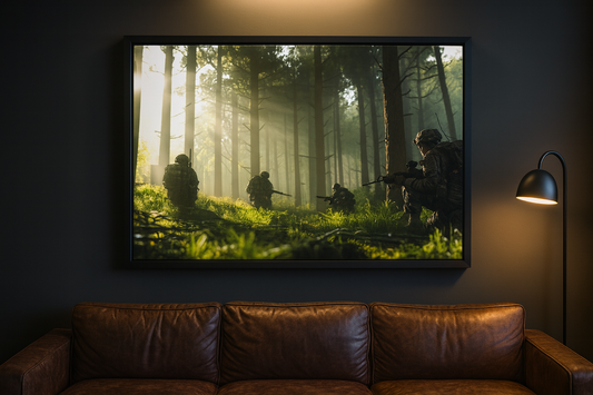 High‑resolution digital canvas art of Canadian Army soldiers on a foot patrol through a rugged forest.