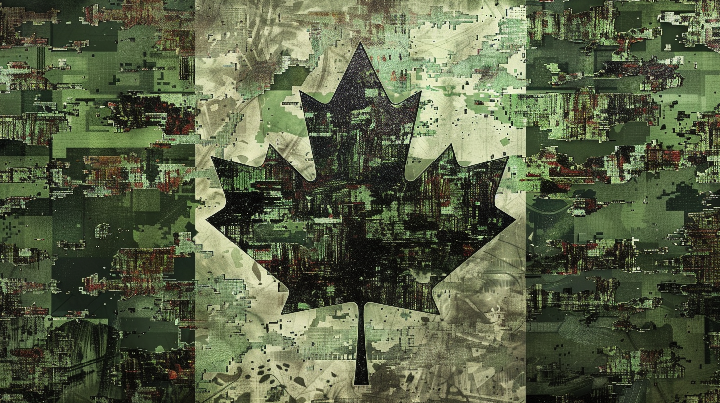 Digital wall art featuring Canadian CADPAT-inspired black and green camouflage design, patriotic Canadian Armed Forces tribute, PNG instant download.