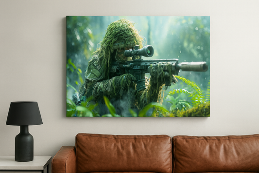 High‑resolution digital canvas art of a Canadian infantry soldier in a ghillie suit with tactical gear.