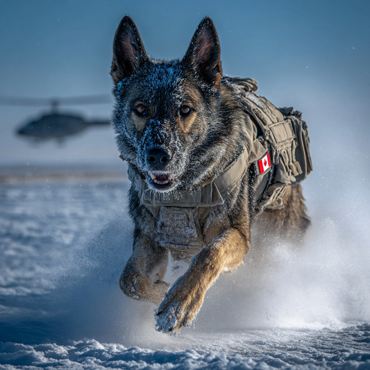 Digital wall art of a German Shepherd service dog in tactical gear, Canadian Military K9 tribute, PNG instant download.