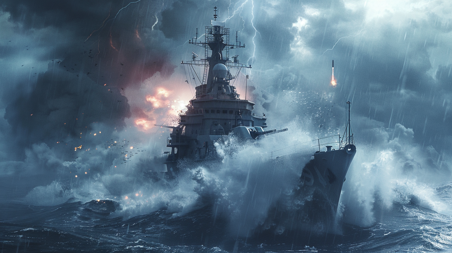 Digital wall art of a modern Canadian Navy warship in battle with waves and firepower, cinematic patriotic tribute, PNG instant download.