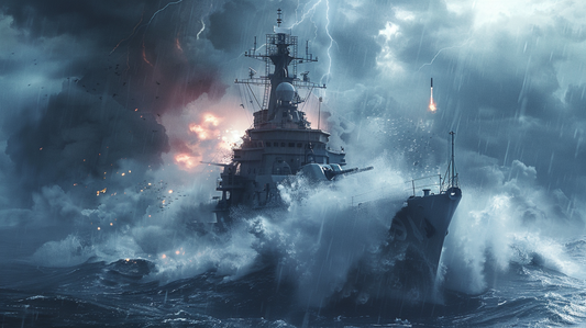 Digital wall art of a modern Canadian Navy warship in battle with waves and firepower, cinematic patriotic tribute, PNG instant download.