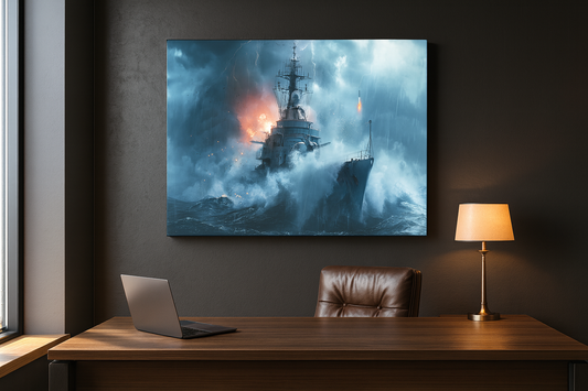 Digital canvas art of a modern Canadian naval warship firing deck guns in stormy seas.