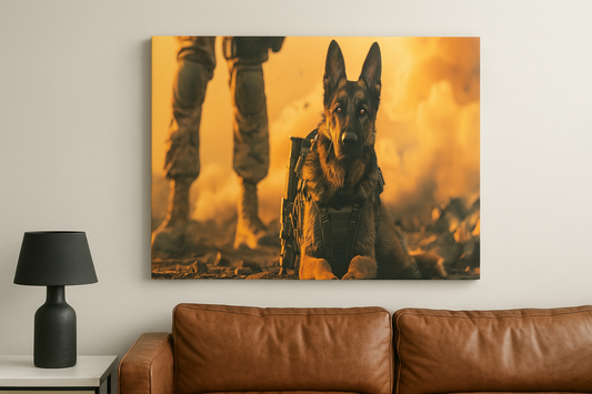 Digital canvas art of a military working dog in tactical gear standing alert with battlefield smok