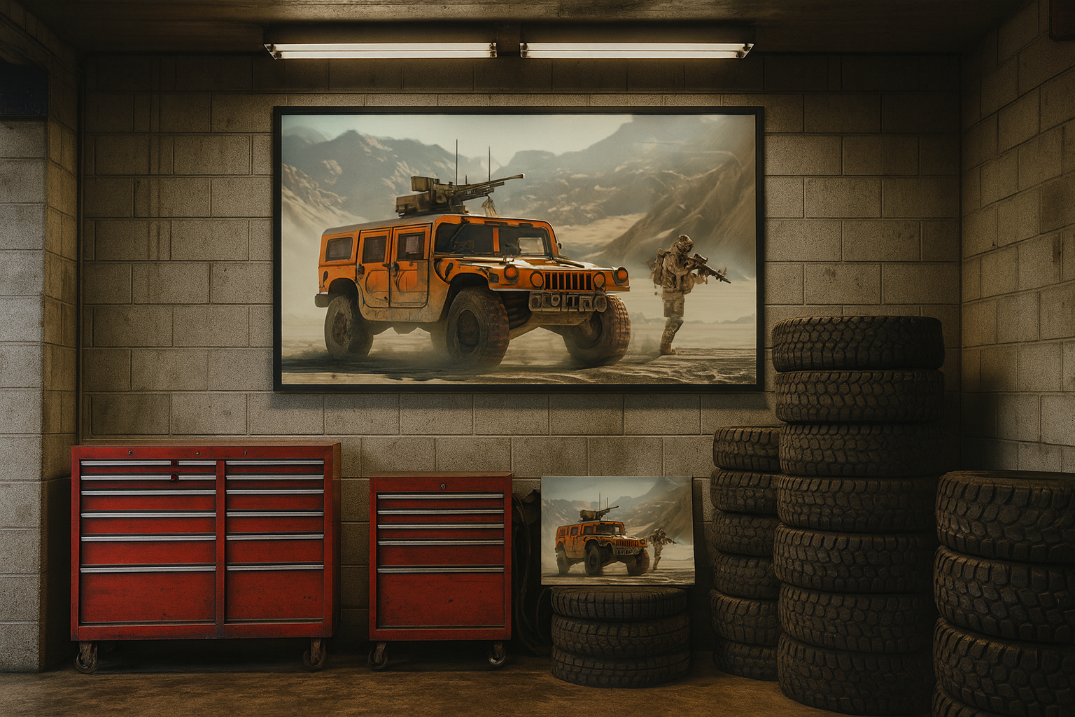 AI‑generated canvas art of a soldier in full gear beside a combat vehicle under a blazing desert sun.