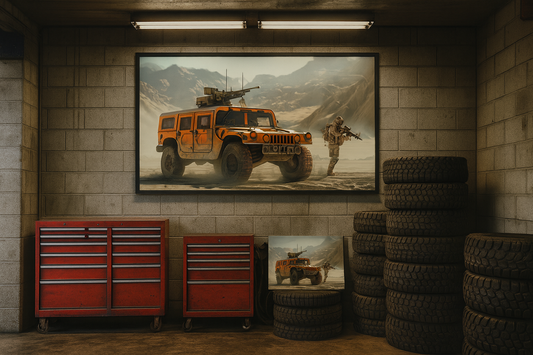 AI‑generated canvas art of a soldier in full gear beside a combat vehicle under a blazing desert sun.