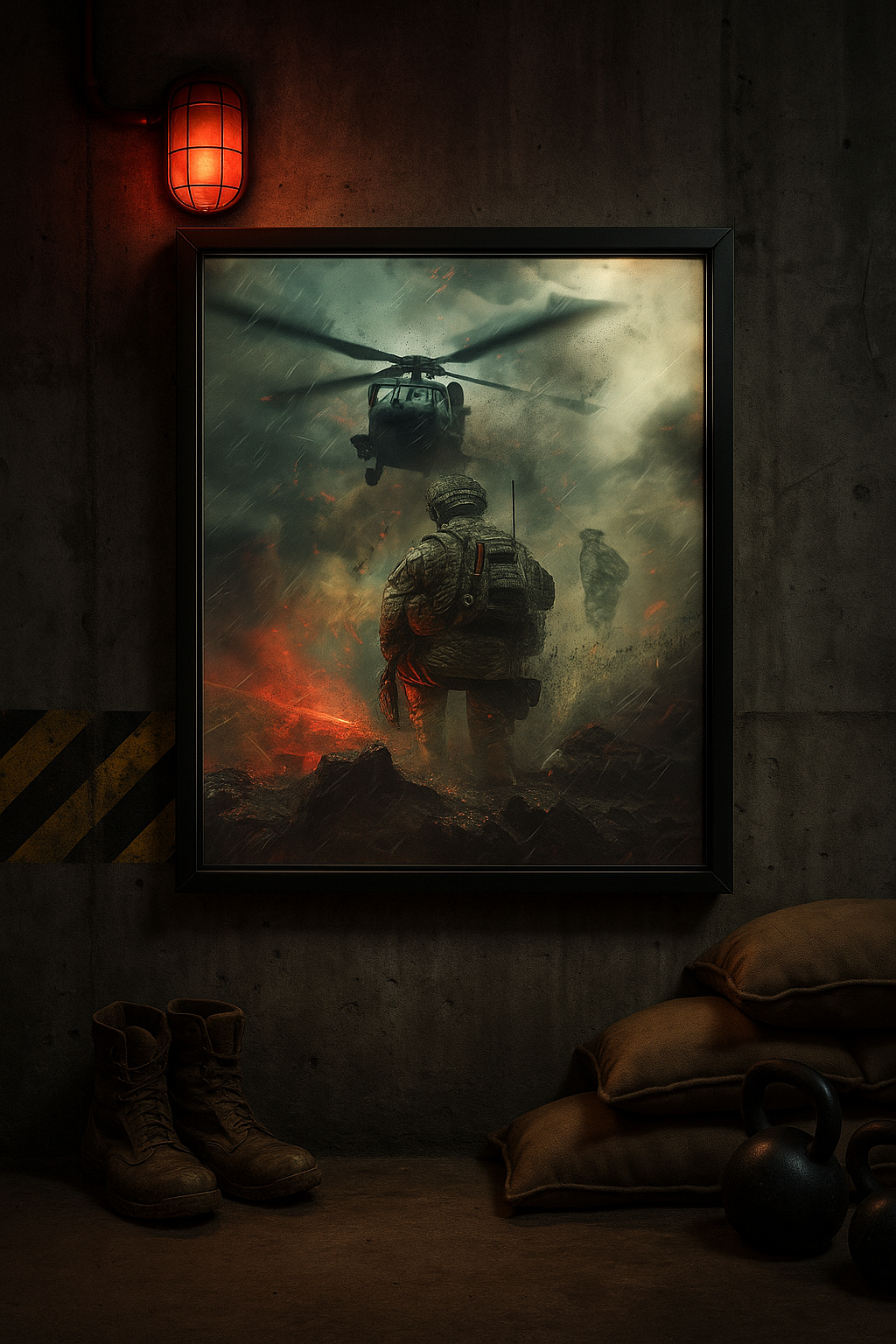 AI‑generated canvas art of a lone soldier beside a helicopter ready for action.