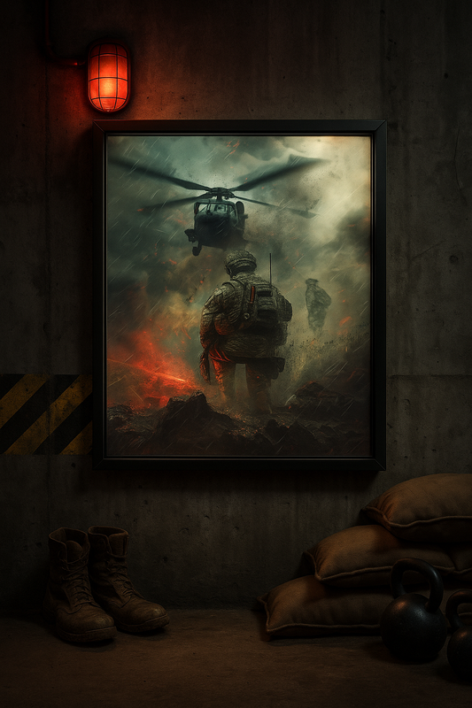 AI‑generated canvas art of a lone soldier beside a helicopter ready for action.