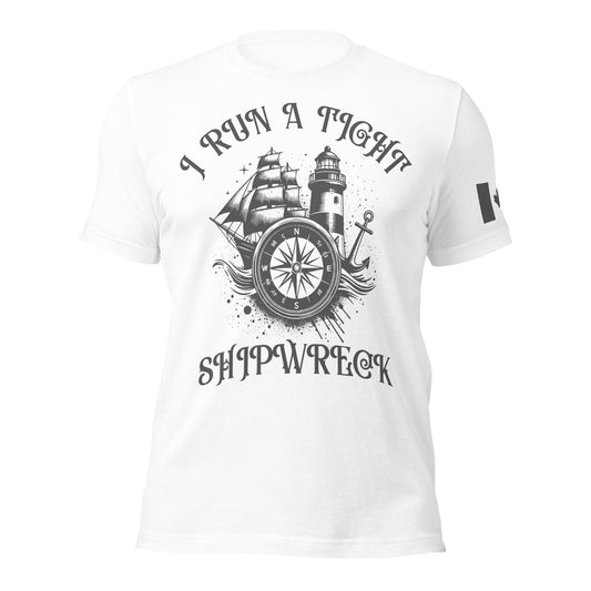 I Run a Tight Shipwreck T-shirt, black, custom artwork featuring ship, anchor, lighthouse, and compass with subtle Canadian Navy influence, Tactical Motive exclusive design
