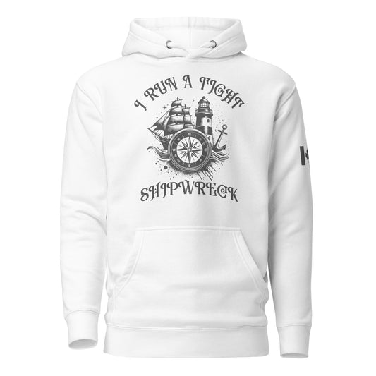 I Run a Tight Shipwreck black hoodie with custom ship, anchor, lighthouse, and compass artwork, subtle Canadian Navy influence, Tactical Motive exclusive design