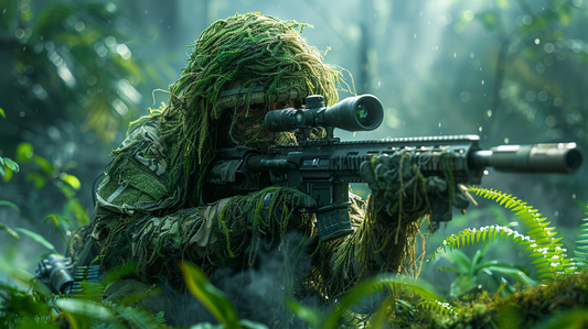 Digital wall art of an infantry sniper in a ghillie suit crouched on the battlefield, cinematic tribute, PNG instant download.