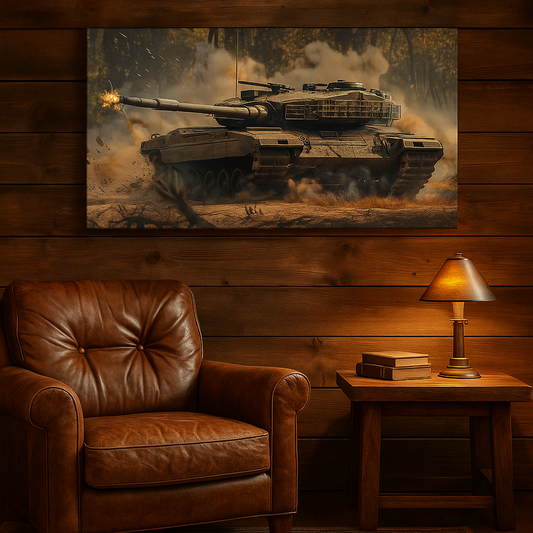 Photorealistic AI‑generated canvas wall art of the Canadian Leopard 2 tank in woodland combat posture