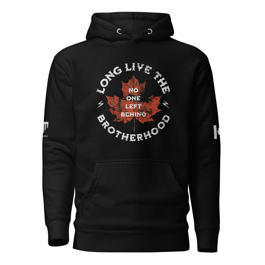 Long Live the Brotherhood black hoodie with maple leaf backdrop and “No One Left Behind” text, distressed Canadian flag on sleeve, Tactical Motive logo on opposite sleeve