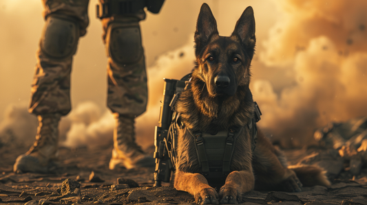 Digital wall art of a military K9 dog in tactical gear, cinematic patriotic tribute, PNG instant download.