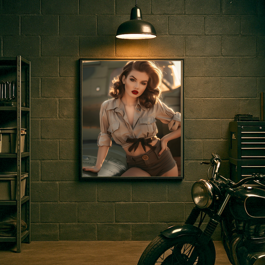 AI‑generated canvas wall art of a 1940s pin‑up girl with victory rolls sitting on a vintage military airplane wing