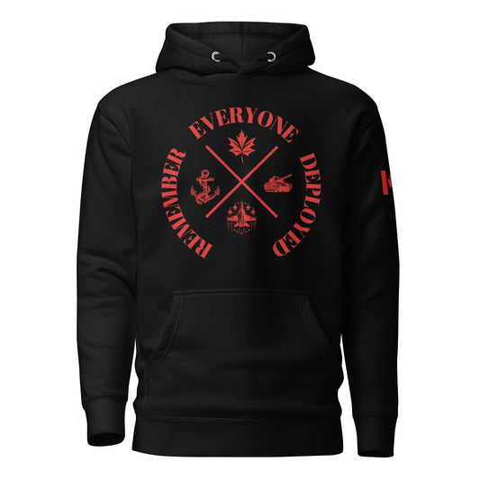 RED Friday black hoodie featuring “Remember Everyone Deployed” design with Army, Navy, and Air Force symbols, Canadian patriotic apparel by Tactical Motive