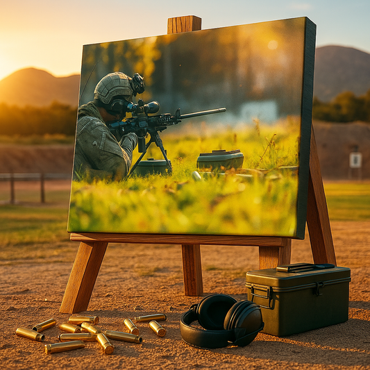 AI‑generated canvas art of a soldier behind a sniper rifle with ammunition and gear in an outdoor setting.