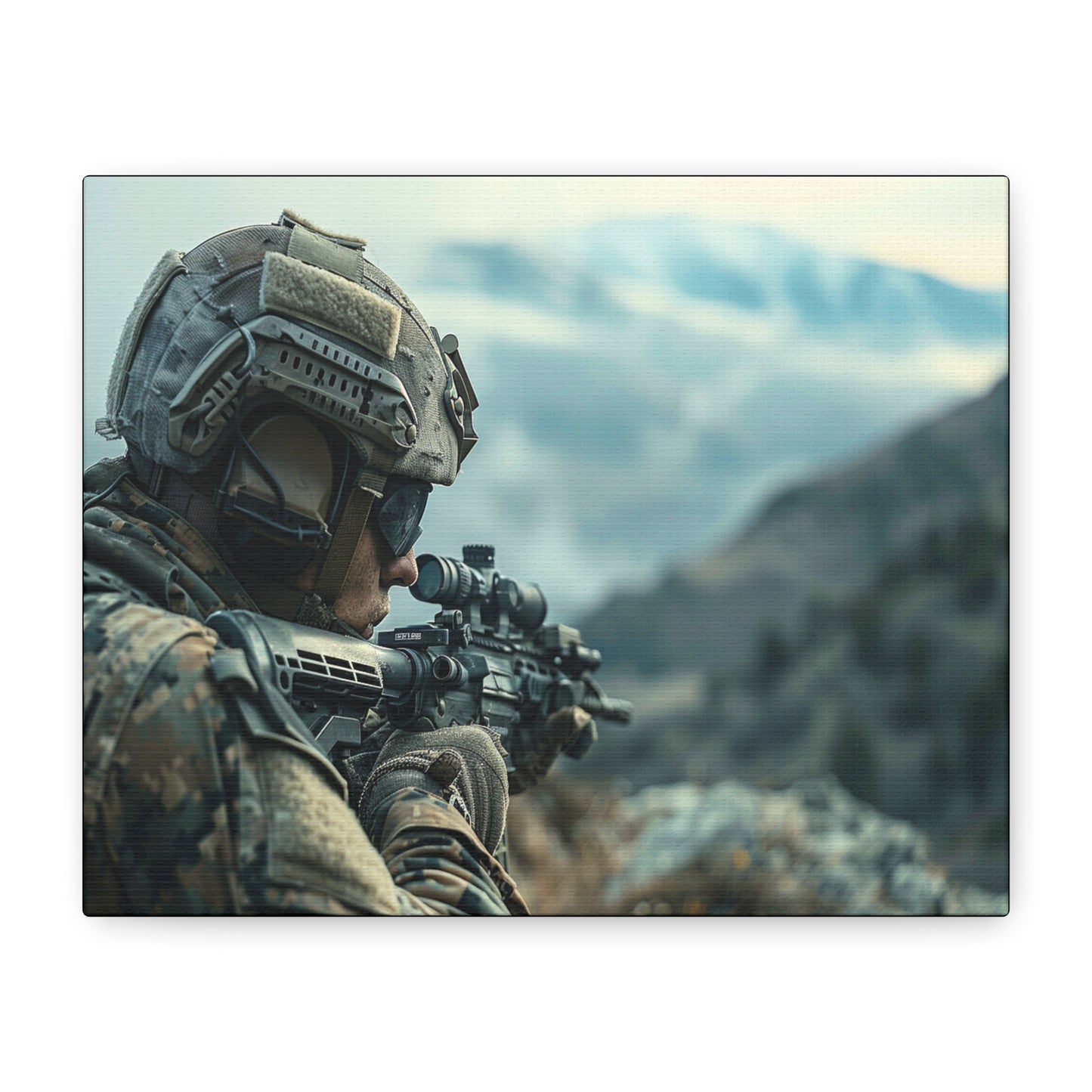 AI‑generated canvas art of a soldier aiming a rifle against a mountain backdrop.
