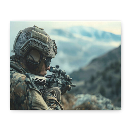 AI‑generated canvas art of a soldier aiming a rifle against a mountain backdrop.