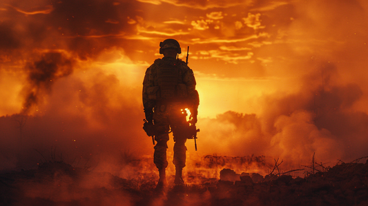 Digital wall art showing the silhouette of a soldier against a fiery sunset with drifting smoke, patriotic tribute, PNG instant download.