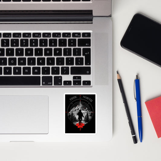 True North vinyl sticker featuring soldier silhouette, mountain and compass design, and embedded maple leaf — Canadian patriotic decal by Tactical Motive.