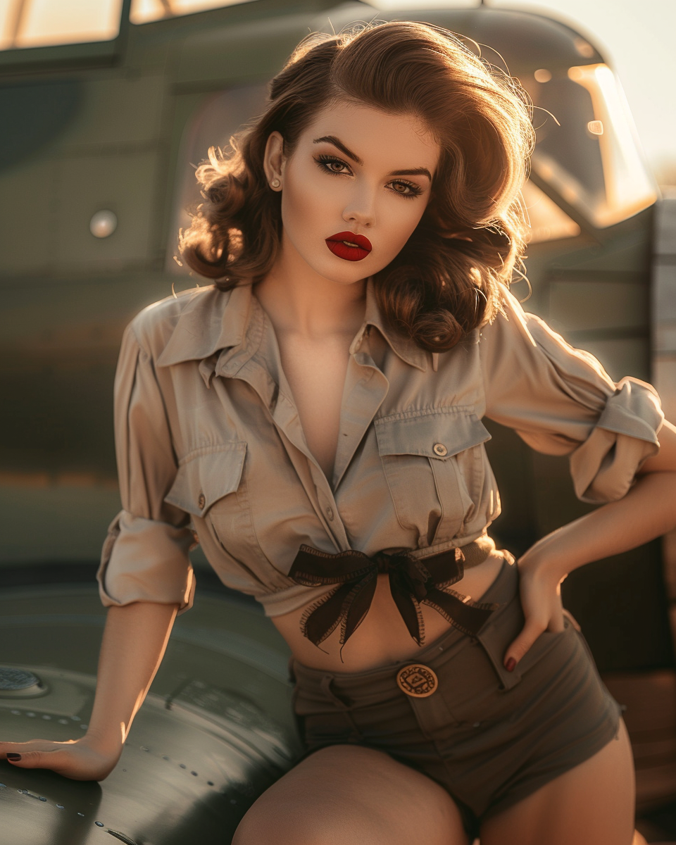 Digital wall art of a 1940s pin-up girl sitting on a vintage military airplane wing, retro aviation style, PNG instant download.