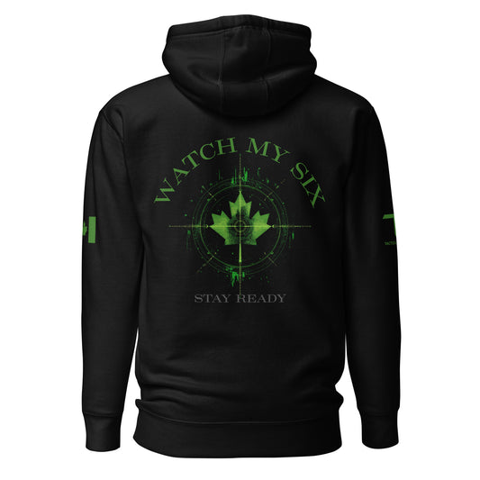 Watch My Six – Stay Ready black hoodie with night-vision rifle scope back graphic and Canadian flag sleeve, exclusive Tactical Motive design